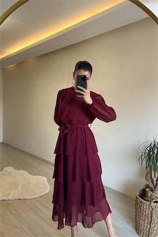 Neşeli Butik Kadın Kat Kat Volanlı Kuşaklı Midi Şifon Elbise Nm004 Bordo