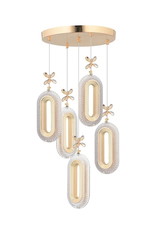 Alfa Led 5'li Gold 3 Renk Ledli Kristal Taşlı Modern Led Avize Gold