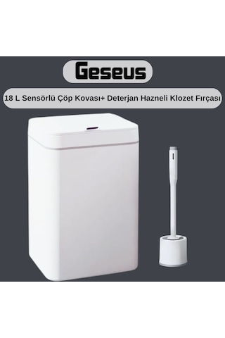 Sensörlü Otomatik Plastik Çöp Kovası 18 Litre + Deterjan Hazneli Silikon Klozet Fırçası Beyaz