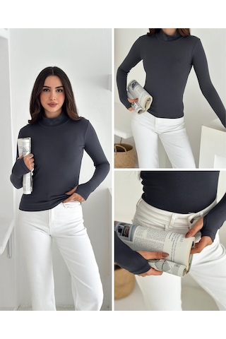 Kadın Yarım Balıkçı Yaka Parmak Geçmeli Full Likralı Buzz Body Antrasit