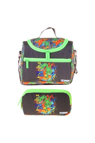 Kaukko Kids Erkek Çocuk Street Dinazor Baskılı Siyah - Yeşil Thermo Beslenme Çantası Ve Kalemlik Seti - Setkk-l5415