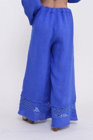 Bohem Stil İtalyan Fisto Detaylı Keten Pantolon-8748 Mavi