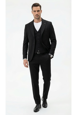 Erkek Slim Fit Takım Elbise Düz Dokulu Kırışmaya Dayanıklı Likralı Polyviskon Kumaş, Sivri Yaka, Tek Düğmeli, Çift Yır Siyah