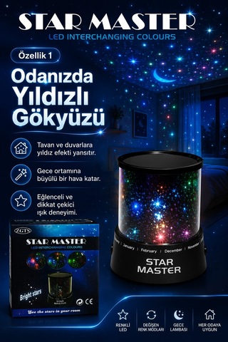 Oda İçin Yıldız Efektli Led Gece Lambası Renkli Işık Yansıtan Dekoratif Projektör Çok Renkli