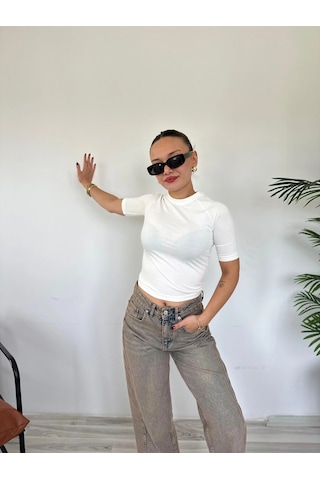 Keymoda Kadın Bisiklet Yaka Kısa Kollu Body Ekru Ekru