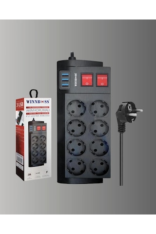 Mey İthalat Güçlü Termal Korumalı 8 Priz + 3 Usb Çoklu Uzatma Kablosu 2m 2