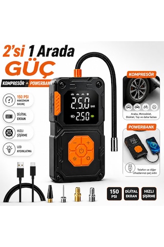Taşınabilir Hava Kompresörü 150 Psı Dijital Ekranlı Lastik Şişirme Pompası 5000 Mah Powerbank Özellikli Araba Bisiklet Motor Top İçin Siyah