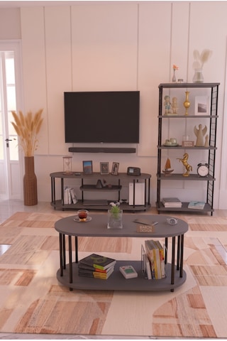 Salon Oturma Odası Takımı Metal Ayaklı Tv Ünitesi Kitaplık Orta Sehpa Avantajlı Mobilya Seti Antrasit