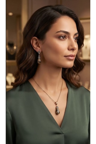 Doğal Taş Laprador Kolye Küpe Takım Set 01 Bakır