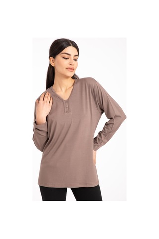 Kadın Orta Yaş ve Üzeri Dört Mevsim V Yaka Rahat Kalıp Likralı Viskoz Anne Penye Bluz 140-Vizon