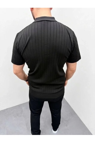 Veraura Lifestyle Erkek Yazlık Triko Saç Örgü Tişört Kısa Kol Polo Yaka Fermuarlı T-shirt - Siyah bej