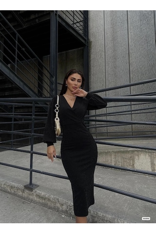 Vexor Kadın Kruvaze Yaka Balon Kol Simli Krep Kumaş Midi Boy Elbise Siyah