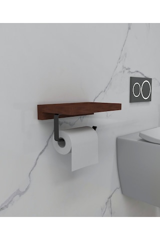 lyla concept Papatya Masif Ahşap Raflı Tuvalet Kağıtlık, Metal Duvar Tipi Askı Siyah
