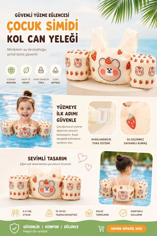 Toyflyer Çilek Ayıcık Desenli Kolluklu Çocuk Yüzme Yeleği Gövde Destekli 2-6 Yaş 15-30 Kg Fl004