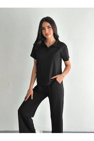 Mzpkartan Osy Modal Yumuşak Dokulu Kumaş Kısa Kollu Yakalı T-shirt Pantalon İkili Takım- Siyah Siyah