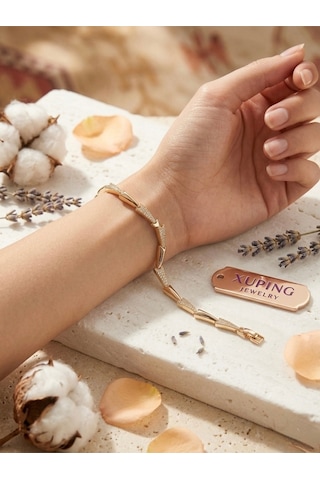 Xuping Premium 14k Altın Kaplama Taşlı Mekik Ve Trok Detaylı Vıp Zincir Bileklik Altın - Çelik