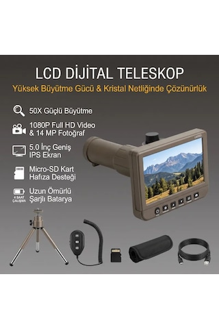 Um053 5.0 İnç Ips Ekranlı 50x Dijital Teleskop - 1080p Full Hd Video, 14 Mp Fotoğraf, Tripod & Uzaktan Kumandalı Uzak Mesafe Gözlem Dürbünü