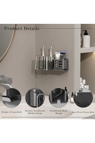 Fastbuy Çelik Bardaklı Alüminyum Diş Fırçası Tutucu, 2 Kart Yuvası, Koyu Gri Organizatör Koyu Gri