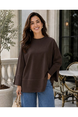 Unika Boutique Kadın Oversize Yırtmaçlı Uzun Kollu Salaş Bluz kahverengi