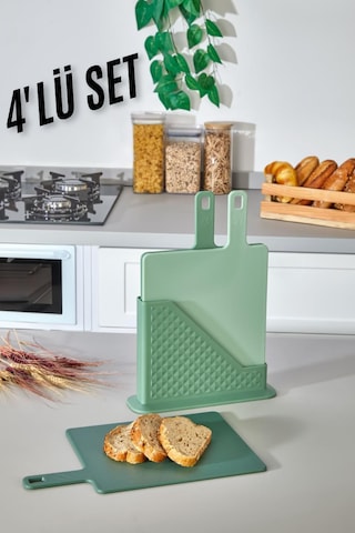 4 Parça Standlı Kesme Tahtası Seti - Ekmek/ Et/ Sebze Kesme Tahta