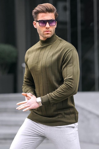 Madmext Haki Slim Fit Yarım Balıkçı Yaka Çizgili Tüylenmeyen Erkek Triko Kazak 6344