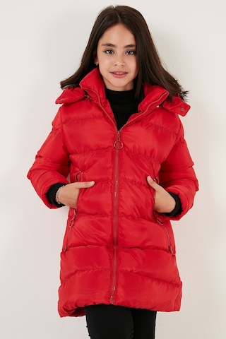 Lela Peluş Astarlı Yakası Suni Kürklü Çıkarılabilir Kapüşonlu Kışlık Kız Çocuk Mont 5766038 Kırmızı