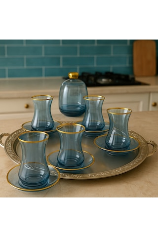 Elta Collection 13 Parça Mavi Lüster Altın Yaldızlı Cam Çay Seti 6 Kişilik Çay Takımı Şekerlik Hediyeli Mavi