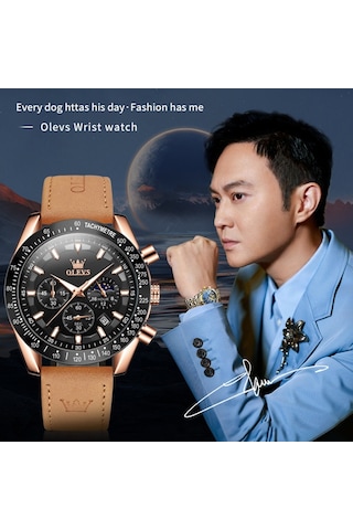 Olevs 9957 Erkekler Aydınlık Su Geçirmez Deri Kayış Kuvars İzle Mavi