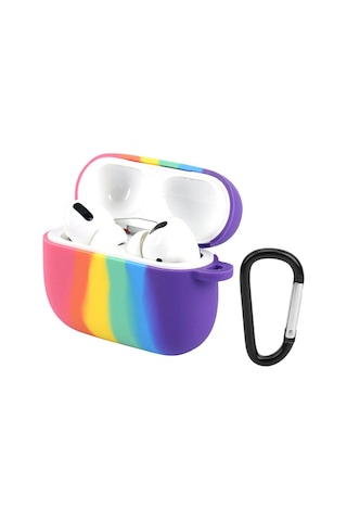 Wozlo Apple Uyumlu AirPods Pro 1. Nesil Silikon Koruma Kılıfı Rainbow Kopçalı Koruyucu Kılıf - Gökkuşağı
