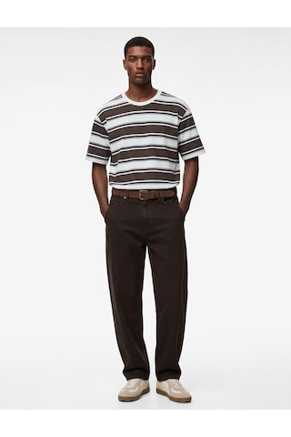 Koton Oversize Kısa Kollu Bisiklet Yaka Çizgili Tişört Kahverengi Çizgili 6sam10387mk