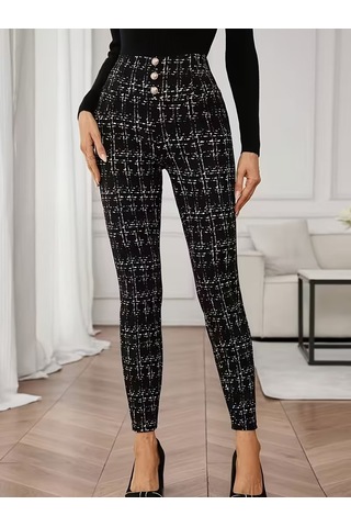 Bhrwear Kadın Yüksek Bel Önü Düğmeli Desenli Dalgıç Tayt Renkli