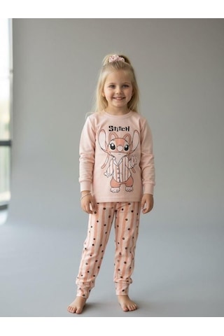 Kız Çocuk Pamuklu Karakter Baskılı Pijama Takımı-16827 Pudra