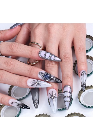 Gri Nail Art Extra Uzun 10'lu Tekrar Kullanılabilir El Yapımı Protez Takma Tırnak Keee1669 L