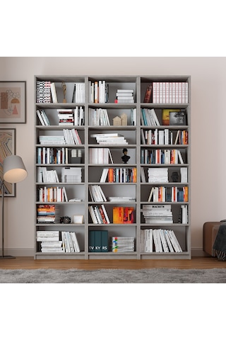 Asra Trend K-26 %100 MDF 180 cm 3 Modüllü Kitaplık 21 Raflı Dev Kütüphane Retro Taş