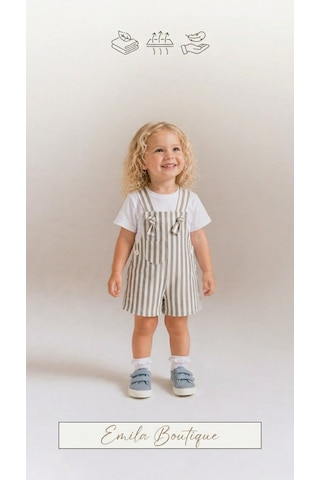 Emila Kids 1-4 Yaş Çocuk Çizgili Ham Kot Şort - Salopet Kahverengi
