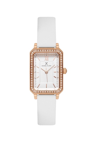 Daniel Klein Dke.1.13971.5 Beyaz Taşlı Dikdörtgen Deri Kordonlu Vintage Kadın Kol Saati Rose Gold