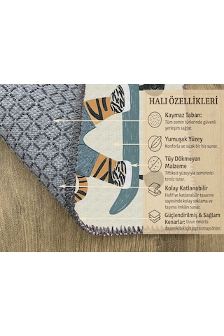 Turkıshrug Kıngdom Kaymaz Tabanlı Tatlı Kaplan Figürlü Çocuk Halısı, Oyun Odası Dekoru Çok Renkli