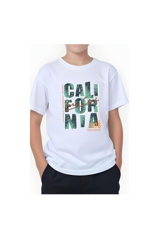 Panios Kids 1976 Cali Baskılı Erkek Çocuk Yuvarlak Yaka Kısa Kollu T-shirt Beyaz