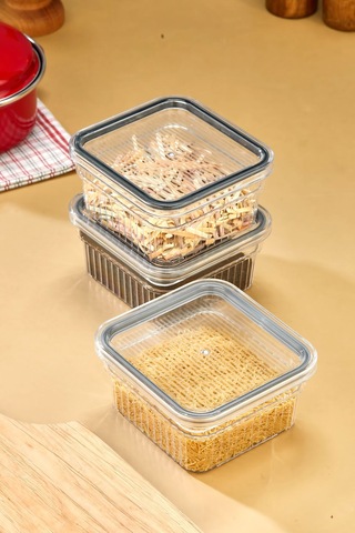 3 Parça Contalı Ve Sızdırmaz Kapaklı Saklama Kabı Seti Buzdolabı Ve Kuru Gıda Uyumlu 3x850 Ml Şeffaf