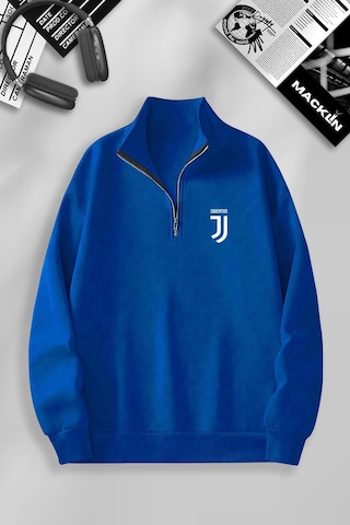 Macklin Unisex Kadın Erkek Jventus Baskılı Yarım Fermuarlı Dik Yaka Basic Sweatshirt Mavi Mck0655 Mavi