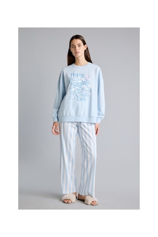 Defacto Regular Fit Uzun Kollu Baskılı Üst Çizgili Alt Pijama Takımı H8801ax26aube343 Mavi-be343