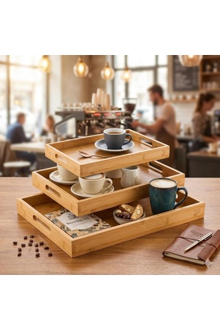 Deinhaus Bambu Servis Tepsisi Seti, Doğal Ahşap, 3'lü Set, Küçük-orta-büyük, Kahvaltı Ve Sunum İçin