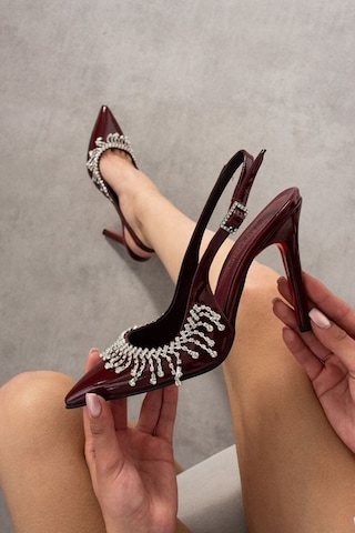 Elvı Işıltılı Taş Detaylı Bordo İnce Topuklu Slingback Ayakkabı 11 Cm Bordo