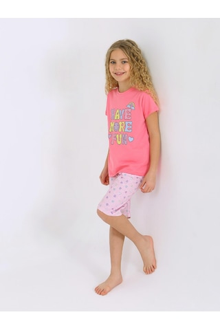 Kız Çocuk Kısa Kollu Kapri %100 Pamuklu Pijama Takımı More Fun Şeker Pembe