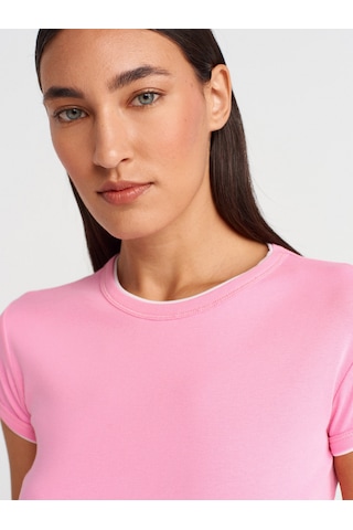 Dilvin 31750 Kontrast Kısa Kollu Tshirt-pembe Pembe