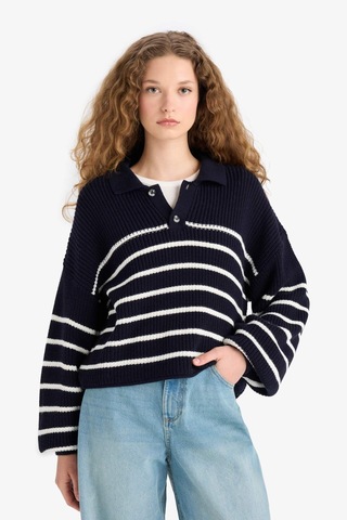 Defacto Coool Relax Fit Polo Yaka Düğmeli Çizgili Triko Kazak C4918ax25wnnv31 Lacivert