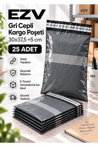 Gri Cepli Kargo Poşeti 30x37,5 +5 Cm 25 Adet