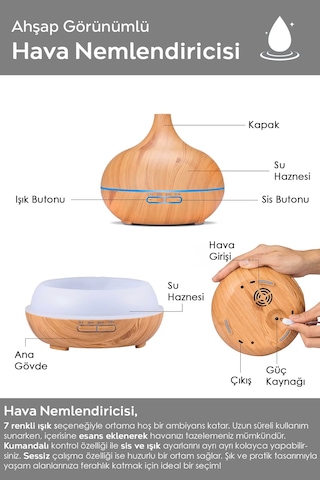 Oda Hava Nemlendirici - 7 Renk Led Işıklı Buhar Makinesi Aroma Difüzörü Humidifier Açık Kahve