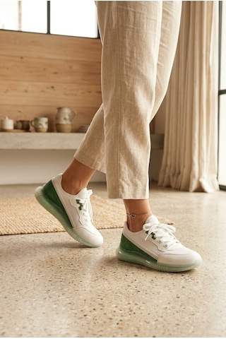 Shoetek Suwen Kadın Sneakers Bağcıklı Spor Ayakkabı Yeşil Süet Beyaz Deri