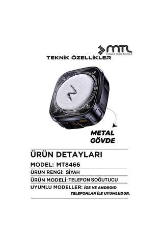 Telefon Tablet Soğutucu Fan Magsafe Uyumlu, Klipsli, Rgb, 3 Kademeli Siyah Mt8466